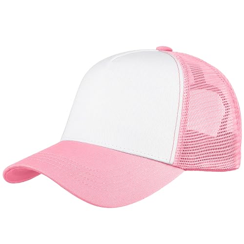 Falari 5-Panel Mesh Baseball Cap Trucker Hat Structured Plain Design Cotton Adjustable Size - Pink