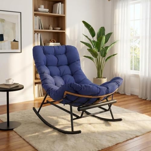 GAOMON Papasan Rocking Chair with Foot Rest, Papasan Chair with Thick Removable Cushion and Metal Frame, Lounge Chairs and PE Rattan Rocker for Patio,