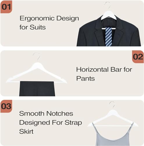 Image of Wooden Hangers for Clothes Hanging | Heavy Duty Coat Hangers with 360 Swivel Hook & Non-Slip Notches | Natural Wood Suit Hangers for Shirts, Blazer, Dresses & Saree (50, White)