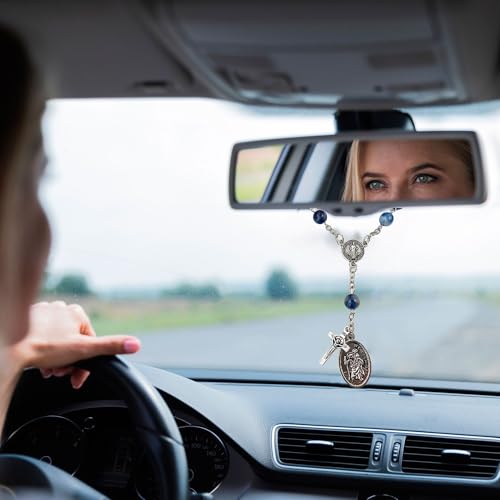 TALISMAN4U Saint Benedict One Decade Rosary for Car Rearview Mirror St Christopher Medal 8mm Glass Prayer Beads Catholic Evil Protection Auto Rosary Bracelet for Women Men3