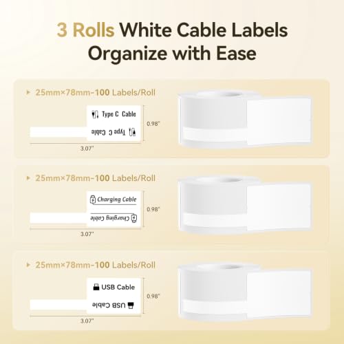 Image of NIIMBOT Cable Labels 3 Rolls Set for B1 /B21 /B2 /B31 Label Maker, White | 25x78mm (0.98'' x 3.07'') 100 Labels /Roll, Refill Labeling Tape for Home School Office Small Business