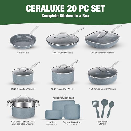 Granitestone 20 Pc Ceramic Cookware Set Nonstick, Complete Pots and Pans Set Non Stick for Kitchen with Bakeware, Cooking Utensils & Steamer, Non Toxic Made Without PFOA PFOS, Oven & Dishwasher Safe