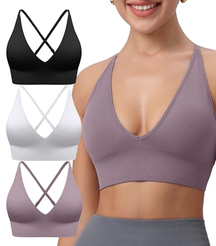 Image of Deep V-Neck Adjustable Women's Sports Bra | Wireless Longline Strappy Criss Cross Padded Spaghetti Straps Light Impact Workout Yoga Crop Top