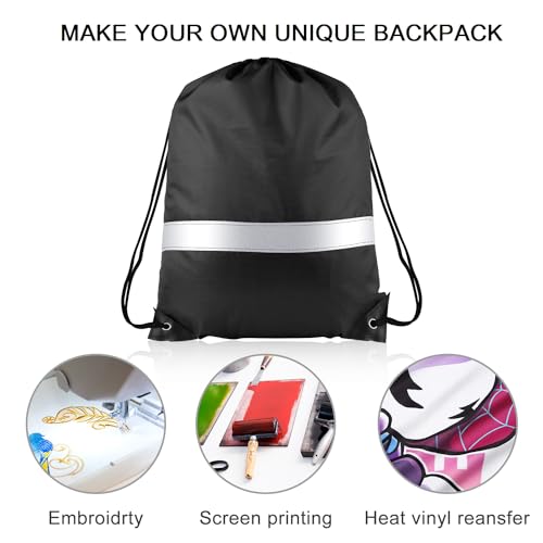 Image of KUUQA 12 Pcs Drawstring Backpack Bag Bulk Reflective Backpack Black String Bags Cinch Sack Backpack for Team Yoga Sport Gym Traveling