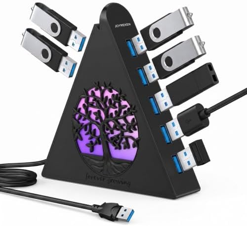 JoyReken 7-Port USB 3.0 Hub, Vertical USB Hub Splitter with RGB Tree Lighting, 5Gbps High-Speed Data Transfer and 2FT Extension Cable, Compatible with PC, MacBook, Laptop, PS5, Xbox, Flash Drive