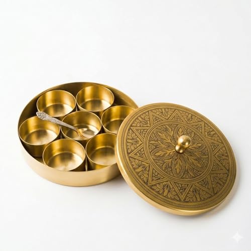 Image of Mandala-Etched Pure Brass Spice Box with Spoon (7 Detachable Containers, 120 ML Each) | Traditional Masala Dabba | Premium Brass Masala Dani | Kitchen Spice Storage Container