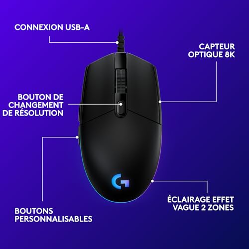 Logitech G203 LIGHTSYNC USB Souris Gaming avec Éclairage RVB Personnalisable, 6 Boutons Programmables, Capteur Niveau Gaming, 8 000 PPP, Ultra-Léger - Noire