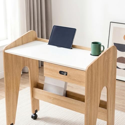 Image of Alex Daisy Movers Kids Study Desk with Lockable Wheels, Scratch-Resistant Top, Lockable Drawer, iPad Slot & Cup Holder | Compact Kids Study Table with Storage Shelf (White)