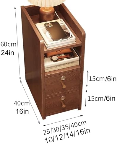 Narrow Solid Wood Nightstand with 2 Drawers & Open Storage, Stylish Bedside Table for Living Room & Bedroom, Functional Sofa Side Table, Modern Design