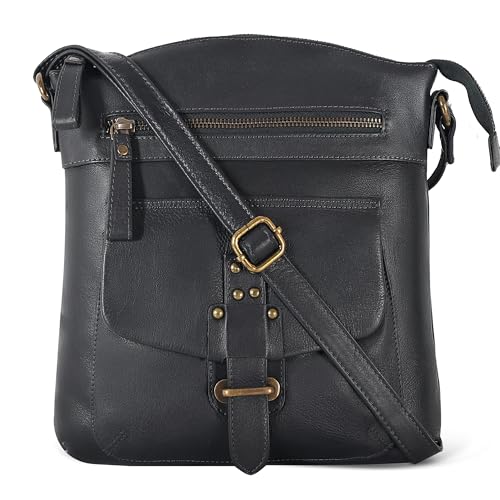 Image of Oak Leathers Leather Crossbody Bag For Women With Adjustable Sling Strap - Medium Size Crossover Shoulder Handbag Purse (Nappa Black)