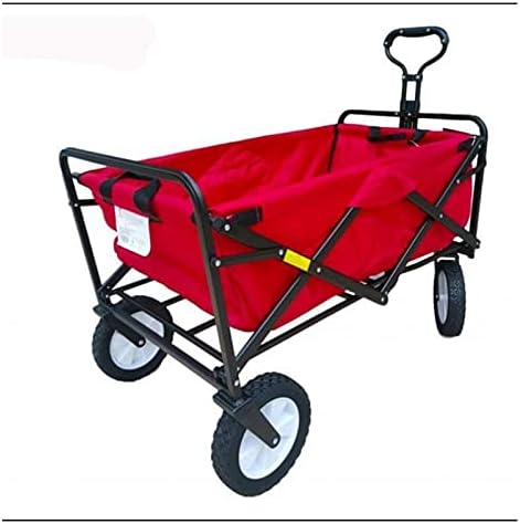 Folding Garden Cart Wagon, 4-Wheel Heavy Duty Folding Hand Truck, Red, Metal & Rubber
