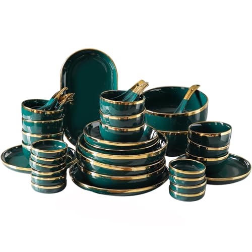 NNYCC Servizio di piatti da tavola set di stoviglie da 12 pezzi set combinati servizio stoviglie porcellana bordo dorato dipint mano per un'atmosfera leggera lussuosa colore verde,12 piece set