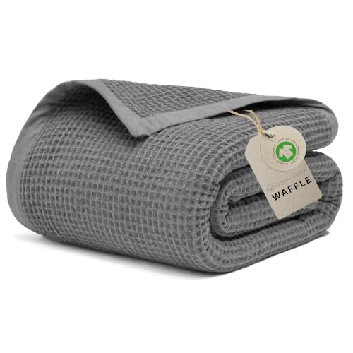 Image of GOTS Certified 90 inchX90 inch Queen 100% Organic Cotton Blanket-Charcoal Grey | Premium Waffle Blankets & Throws for Bed, Throw Blanket for Couch, Modern & Cozy Blanket, All Season, Comfy and Soft Blankets
