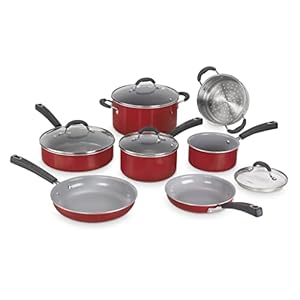 Cuisinart 54C-11R 11-Piece Ceramica XT Nonstick Cookware Set, Red/Stainless Steel