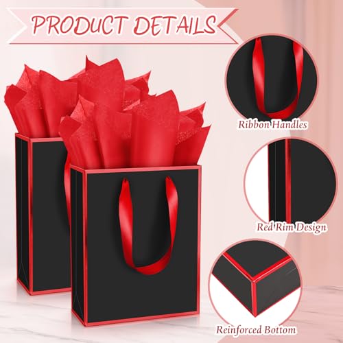 Image of Yeaqee 24 Pack Metallic Paper Gift Bags, Black, Dark Red | with Satin Ribbon Handle and Tissue, 9x7x3.1 Inch, Suit Business, Birthday, Christmas, Thank You Return Gifts Bags