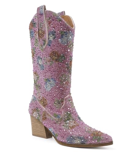 Rhinestone Cowboy Boots for Women Silver, White Pearl Pointed Toe Chunky Heel Mid Calf Boots