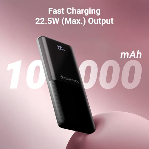 Image of ZEBRONICS 10000 mAh Power Bank | 22.5W Super Fast Charging | PD3.0 (PPS) | Dual Type-C & USB-A | LED Percentage Display | Sleek /Texured Body | for All Mobiles, Tablet, Earbuds, EnergiPod 10R1 (Black)
