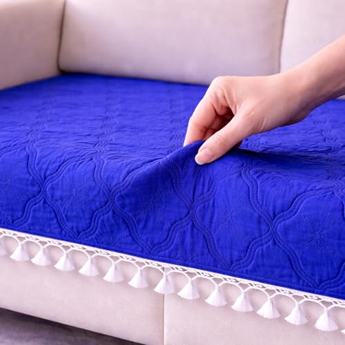 Image of Cortina Velvet Sofa Cover with Tassels | Sofa Couch Protector | Machine Washable Sofa Topper (Blue, 3 Seater)