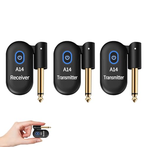 INGPARTNER A14 Wireless Guitar System 2.4GHz 2 Modes, Thumb-Size, 90° Rotatable, Wireless Guitar Transmitter Receiver 100ft Range, Plug & Play for Guitar, Bass, Violin, Keyboard - Black (2TX + 1RX)