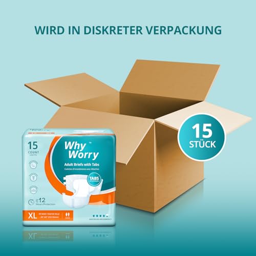 WhyWorry Windeln für Erwachsene, Inkontinenz Slip für Frauen und Männer, Erwachsenen Windel mit maximale Saugfähigkeit, Auslaufschutz über Nacht, Unisex, Größe XL, 15 Stück