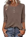 Zeagoo Womens Tops 3/4 Length Sleeve T Shirts Business Casual Button Blouses Loose Fit Crew Neck Tee Spring Fall Outfits L Brown