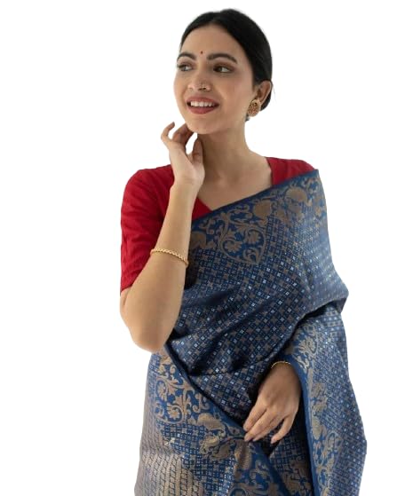 Sari Kanjivaram en soie douce bleu pur costume traditionnel indien de fête