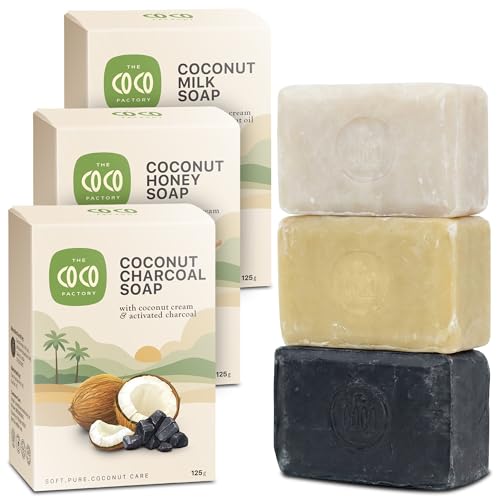 Image of Handmade Soap Combo Pack 125g each (Pack of 3) | Coconut Milk, Honey & Charcoal Soap | Natural Bath Bars for Men & Women | Deep Cleansing & Moisturizing | Paraben & Sulphate Free