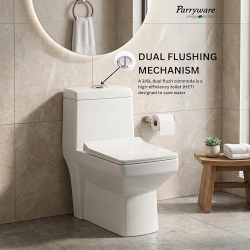 Image of Parryware SUTRA Washdown One-Piece Western Commode | S Trap 220mm One Piece Western Toilet (680 x 360 x 710 mm) / Rim Washdown Flush Commode with Soft Close Toilet Seat Cover (White) | C8965
