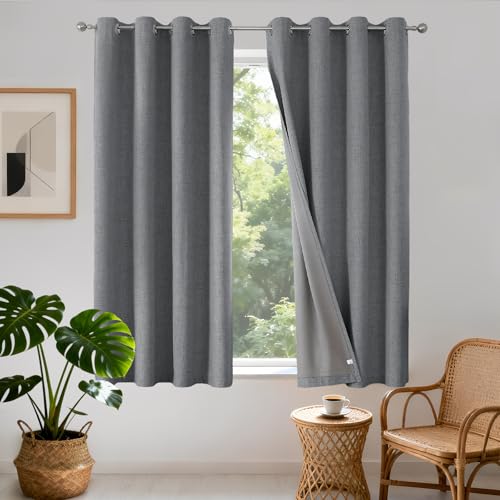 Joydeco 100% Blackout Thermal Insulated Eyelet Curtains W52 x L63 in Grey - Linen Look Textured Drapes for Living Room or Bedroom - 2 Panels