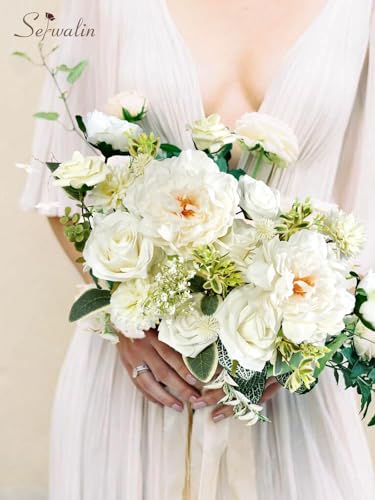 Serwalin Artificial Flowers Bridal Bouquets Realistic Fake Silk Foam Flowers Wedding White Peonies Roses DIY Centerpieces Corsage Boutonniere Home Decoration Party Arrangement Baby Shower - Image 3