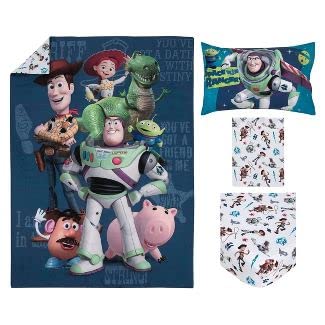 Disney Toy Story You've Got A Friend In Me Blue, Green, And White 4 Piece Toddler Bed Set - Comforter, Fitted Bottom Sheet, Flat Top Sheet And Reversible Pillowcase #TOP1