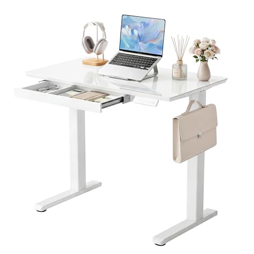 Image of YDN Glass Standing Desk with Drawer, 35 x 19 Inches Electric Adjustable Height Desk, Sit Stand Home Office Desk with Tempered Glass Top, 4 Memory Presets Ergonomic Computer Desk, Super White