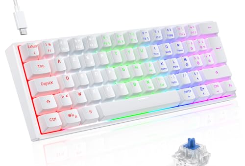 TECURS Clavier Mecanique Gaming AZERTY, Clavier Gamer de Jeu Filaire, 60% Clavier Mini LED Rétroéclairé, Anti-Ghosting, Switchs Bleu pour PC/Windows/PS4/PS5, Blanc