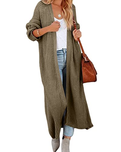 Image of Newffr Women's Open Front Maxi Long Knitted Cardigan Solid Casual Loose Cable Sweater Coat Outwear Olive Green X-Large