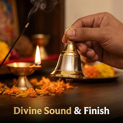 Image of Brass Hanging Temple Bell 24g | Traditional Pital Mandir Ghanti for Pooja, Gau MATA Aarti & Festivals | Indian Puja Cow Bell - Pack of 2