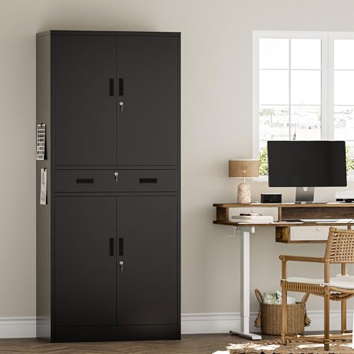 Image of Metal Storage Cabinets with 1Drawer, 71 inch Storage Cabinet with 4 Locking Doors and 2 Adjustable Shelves, Steel Storage File Cabinet for Pantry Home, Kitchen, Office, Garage (Black)