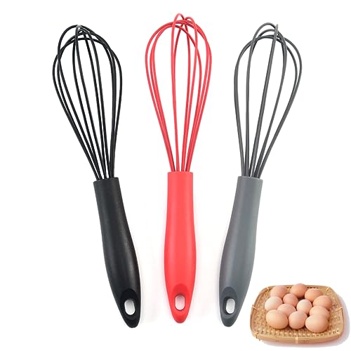 Silicone Whisk, Heat Resistant Kitchen Whisks for Non-Stick Cookware, for Blending, Whisking, Beating, Frothing & Stirring, Can be Suspended, Saving Space(3PCS)