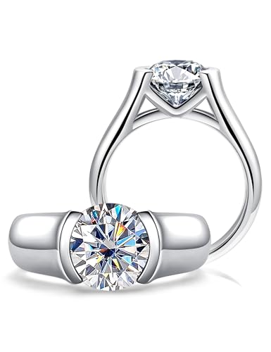 CannyCat 3 Carat Moissanite Half Bezel Set Promise Ring for Women Platinum-Plated Silver D color VVS 9 mm Moissanite Tension Solitaire Engagement Band