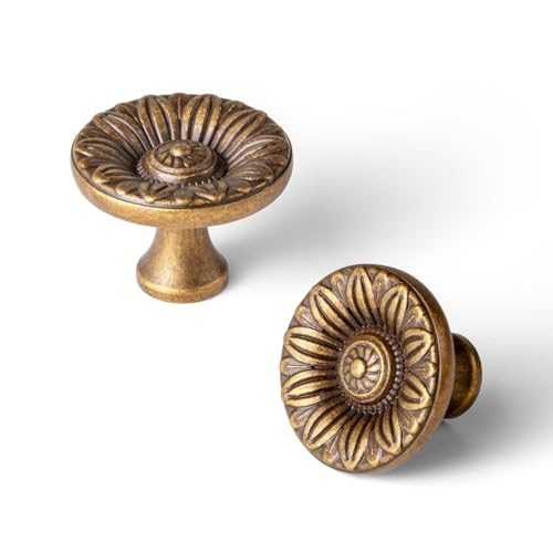 Deuschwer 6 Pack Antique Brass Cabinet Knobs, Vintage Floral Drawer Pulls, Solid Zinc Alloy Retro Flower Sunburst Door Handles for Kitchen Cupboard, Dresser, Wardrobe, Bathroom Vanity Hardware
