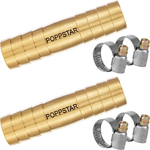 Poppstar 2X Brass Hose Connector 1/2 inch Set including 4X Stainless Steel Hose Clamps for 1/2" (12.7 mm) Garden Hose