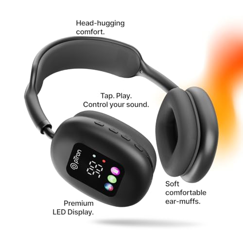 Image of pTron Studio Pixel, 70hrs Playtime, Dual Device Pairing, Wireless Over Ear Headphones w /HD Mic, TruTalk AI-ENC Calls, 40mm Drivers, Pristine Sound, RGB Display, BT5.3 & Type-C Charging (Jet Black)