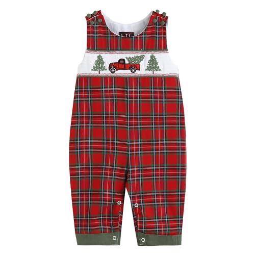 Lil cactus Red Plaid Truck & Tree Smocked Overalls, 3-6 Months