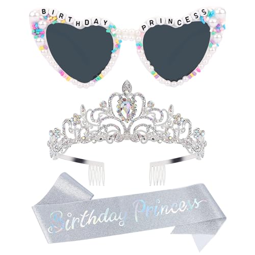 VELSCRUN AB Color Birthday Princess Glasses, Birthday Princess Sash Tiara Crown for Women Girls, 3 Pcs Elegant Tiaras Crowns Hair Accessories Happy Birth Party Decorations Girls Gifts