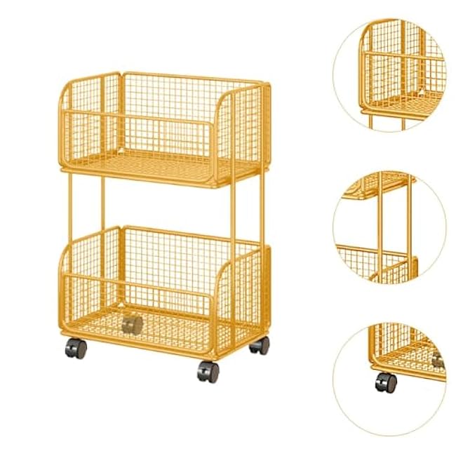 Pantry Cart with Wheels, Metal Wire Baskets with Wheels, Multipurpose Iron Fruit Basket for Kitchen, Snack Holder, Gold-4khd5Z9w