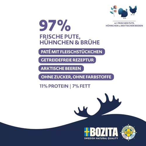 Bozita Purely 6 x 370g Pute & Huhn (Puppy & Junior) im Tetra | Getreidefreies Nassfutter für Hunde | Sehr Hoher Fleischanteil | mit Fleischstückchen | ohne Zucker & ohne künstliche Farbstoffe