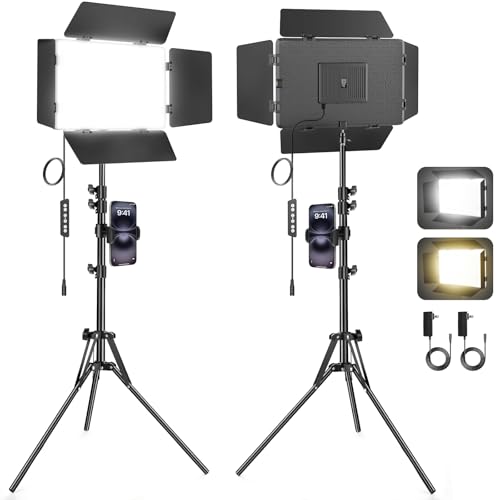 Scrhot 2 Pack LED Video Light with Barndoor, 30W Photography Lighting with Tripod Stand, 3000Lux CRI 98+ 2500K-8500K Studio Light Podcast Lighting for Video Recording, Game Live Streaming, Vlogging