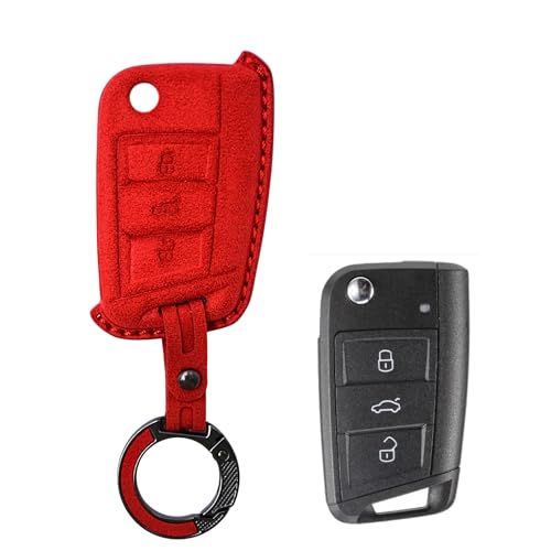 Image of KMH Alcantara Car Key Cover Compatible with Volkswagen Polo Vento Jetta Ameo Passat and Skoda Rapid Laura Superb Octavia Fabia Yeti 3 Button Shell Case Keycover with Keychain (D1) Red - Pack of 2