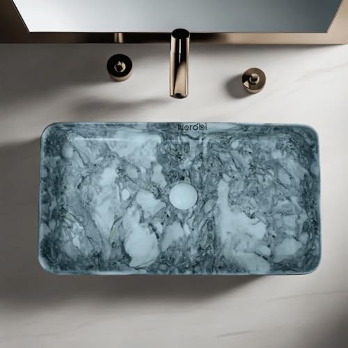 Image of Marble Ceramic Tabletop Wash basin | Countertop Vessel Sink | Wash Basin over counter For Bathroom Hotel Home | Bathroom Sink (24 x 14 x 5 Inch) (Marble Blue)