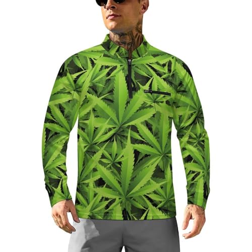 Marijuana and Cannabis of Leaves Men's Rash Guard Long Sleeves Quick Dry Fishing Workout Shirts with Zipper