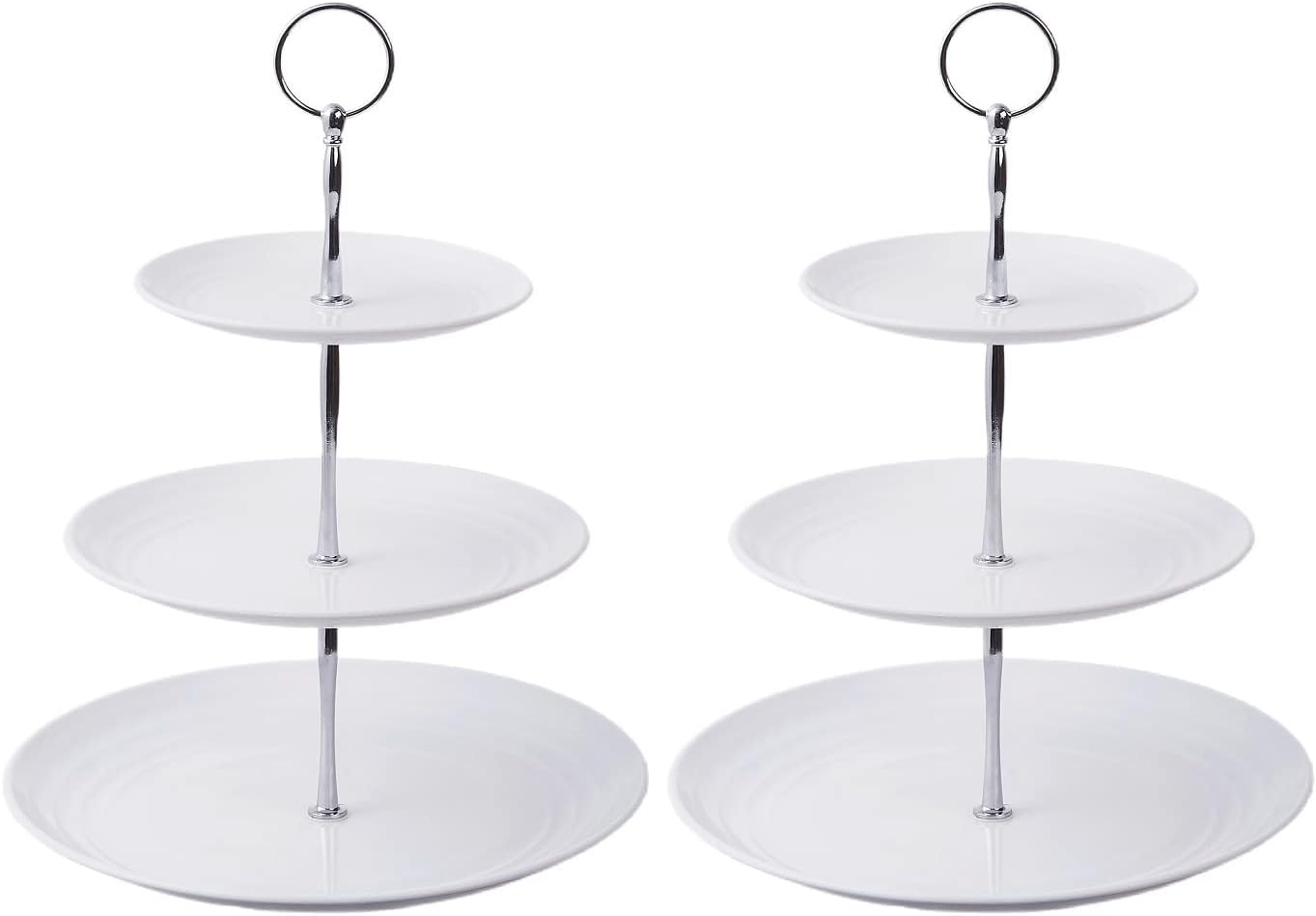 RAUVOLFIA 2 Pack Small Dessert Cupcake Stand, 3 Tier Cup Cake Holder Tower for Tea Party/Birthday/Wedding, Plastic Tiered Serving Tray (Silver Metal Rod)